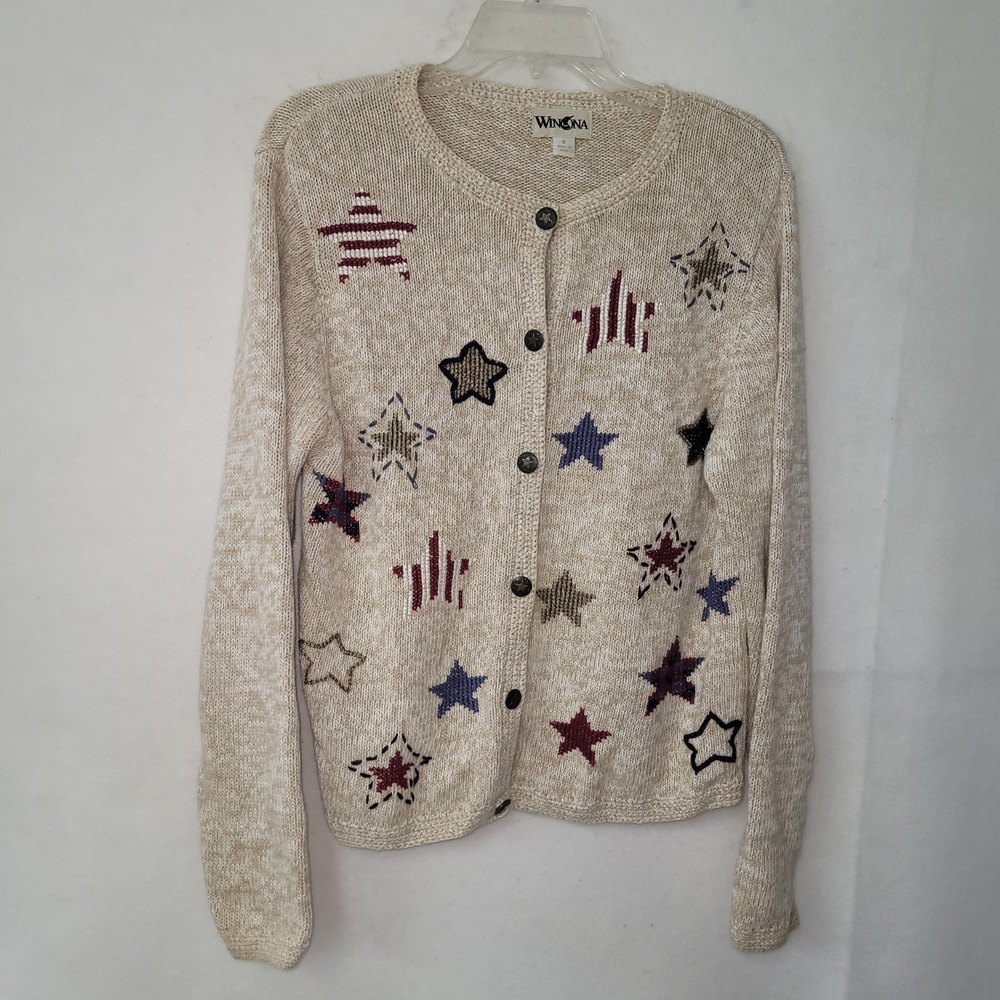 Winona Womens Cardigan Sweater Beige Star‎ Patriotic USA Button Up M Vintage
